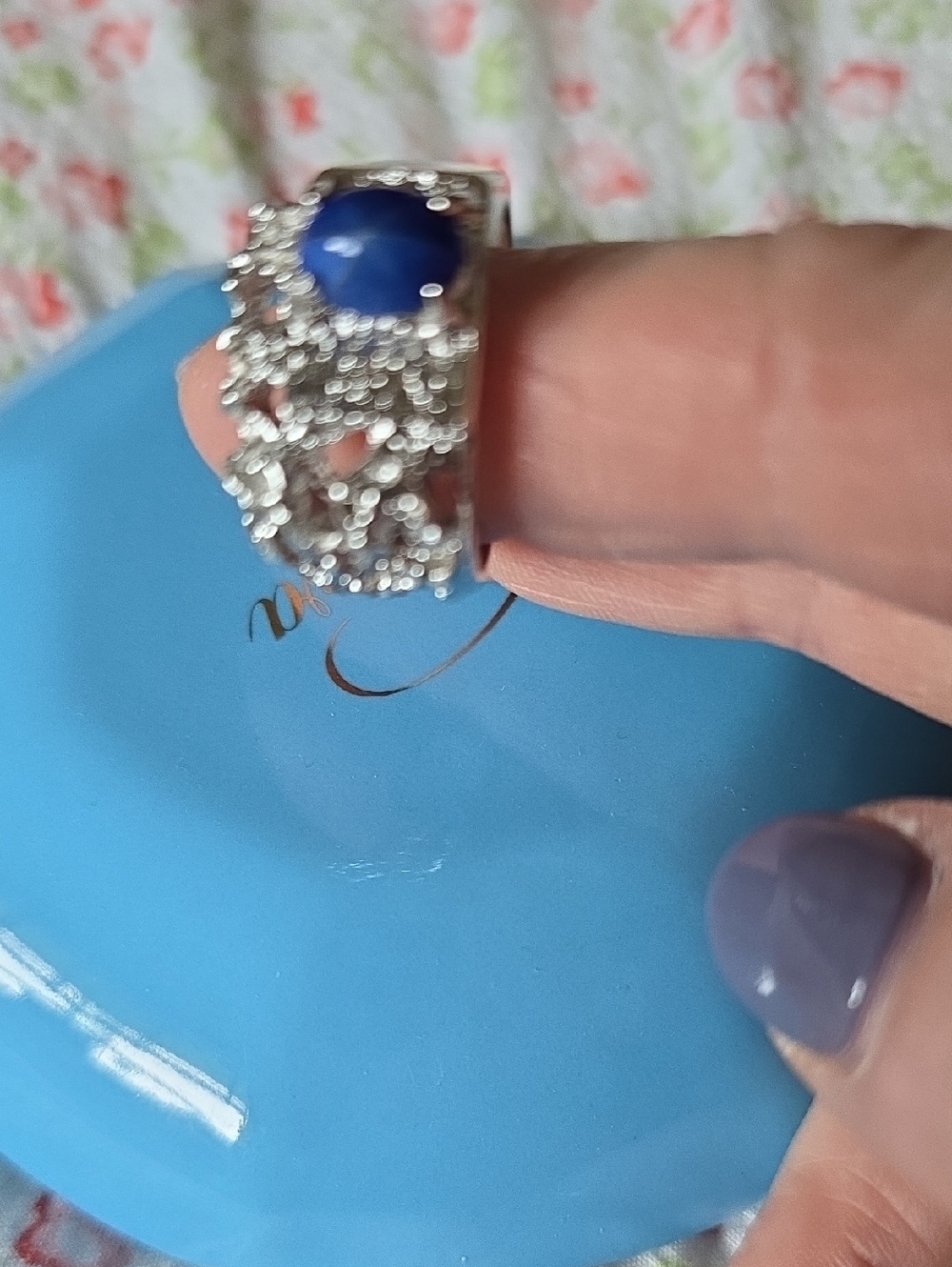 Silver Filigree Ring with Blue Cabochon - Men Ring